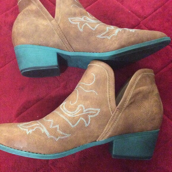 Jolimall Cognac Brown Faux Leather & Teal Heels Western Ankle Boots Women's 10 - Picture 7 of 10